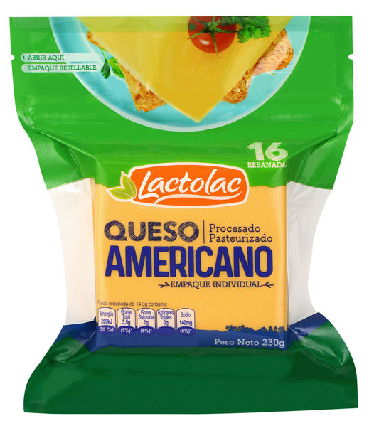 Queso tipo americano amarillo rebanado 200g - 10Un - Lactolac(PRODUCTO BAJO PEDIDO)